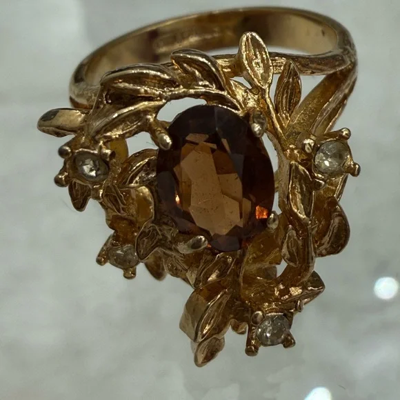 Vintage Floral Smoky Topaz Rhinestone Ring Gold Tone 18K HGE - Picture 7 of 15
